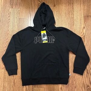 New Puma Women's Hooded  Sweatshirt Size S Pullover Black Pink Letters